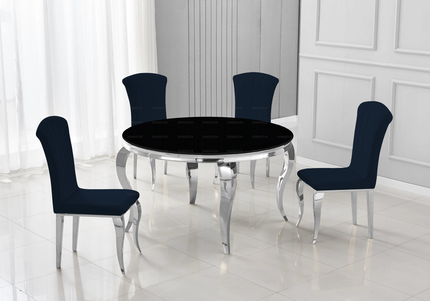 Table ronde verre noir et chaises noir argentés – NEO