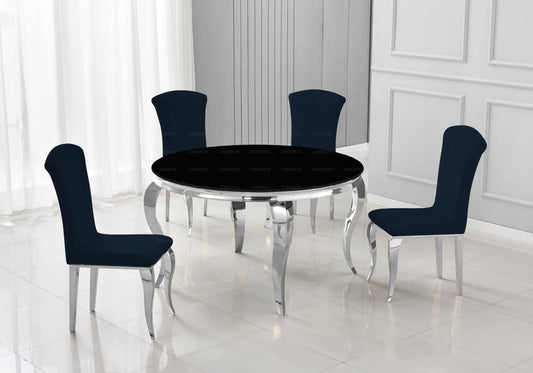 Salle à manger ronde verre noir pieds argentés chaises noir – NEO