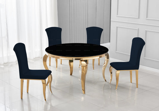 Salle à manger ronde verre noir pieds dorés chaises noir – NEO
