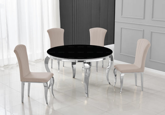 Salle à manger ronde verre noir pieds argentés chaises taupe – NEO