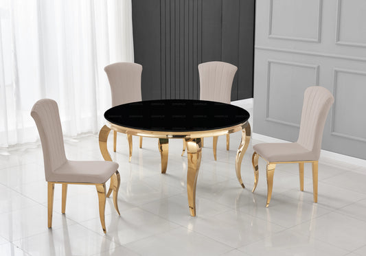 Salle à manger ronde verre noir pieds dorés chaises taupe – NEO