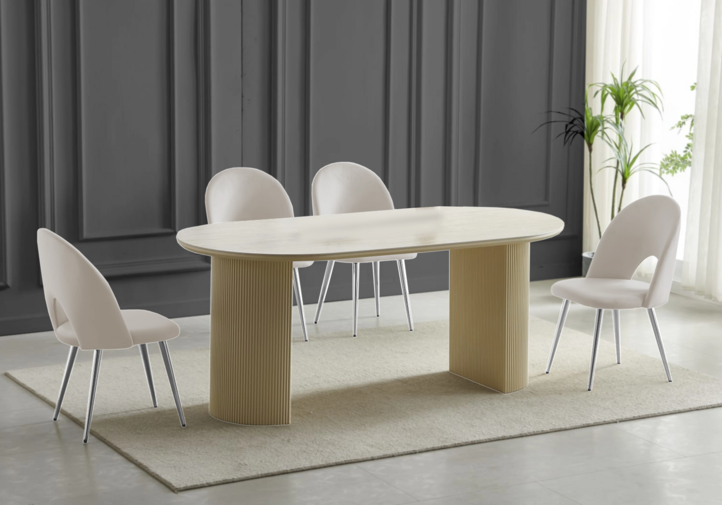 Table travertin beige et chaises argentés beiges – TERRA