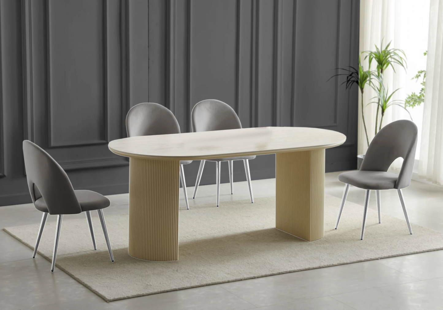 Table travertin beige et chaises argentés grises – TERRA
