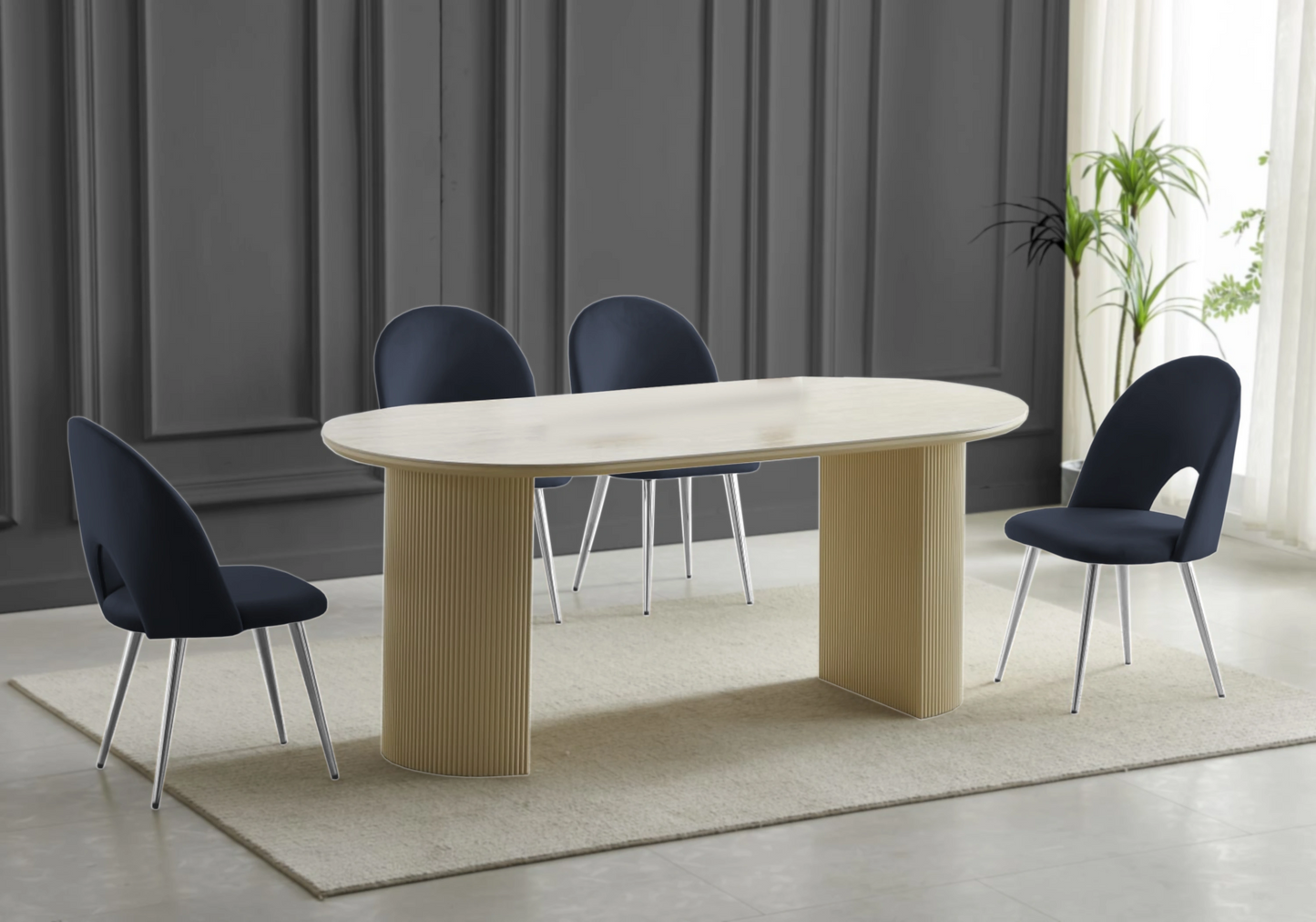 Table travertin beige et chaises argentés noires – TERRA