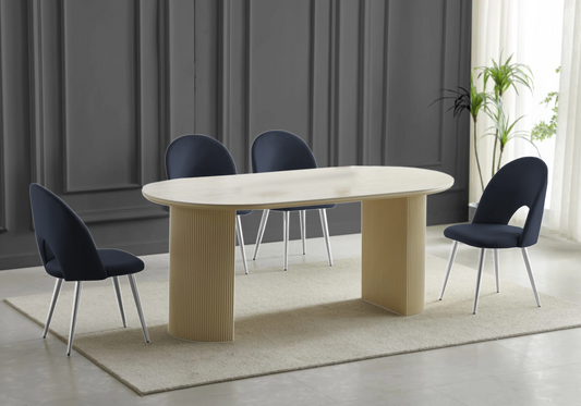 Table travertin beige et chaises argentés noires – TERRA
