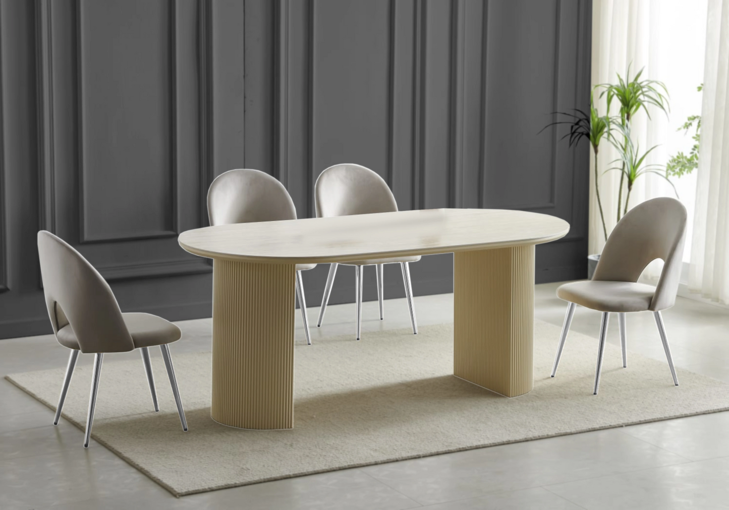 Table travertin beige et chaises argentés taupe – TERRA