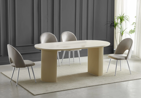Table travertin beige et chaises argentés taupe – TERRA