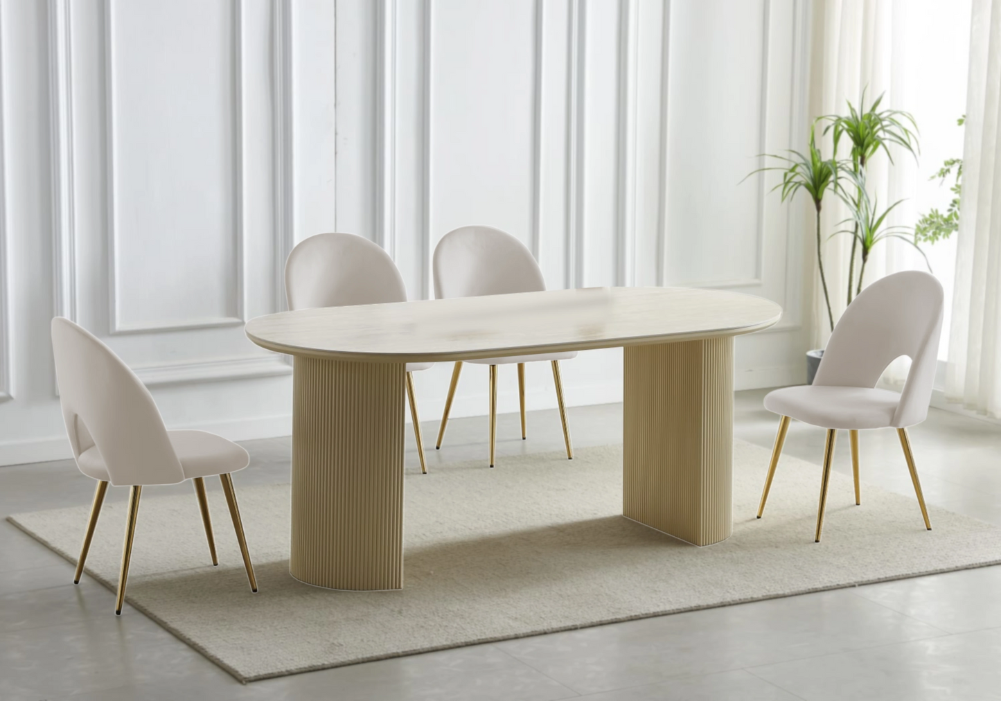 Table travertin beige et chaises dorés beiges – TERRA