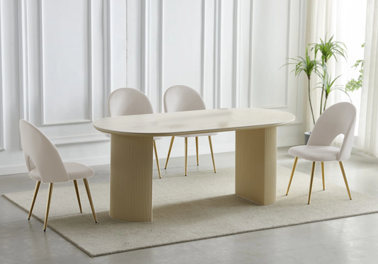 Table travertin beige et chaises dorés beiges – TERRA