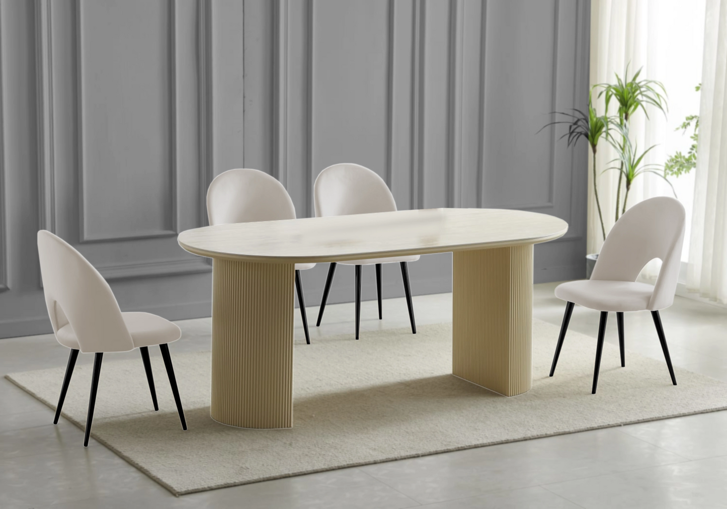 Table travertin beige et chaises noirs beiges – TERRA