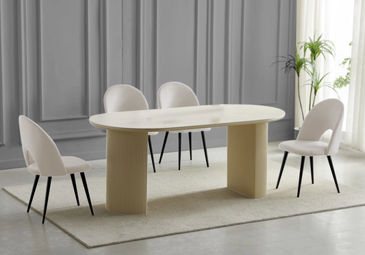 Table travertin beige et chaises noirs beiges – TERRA