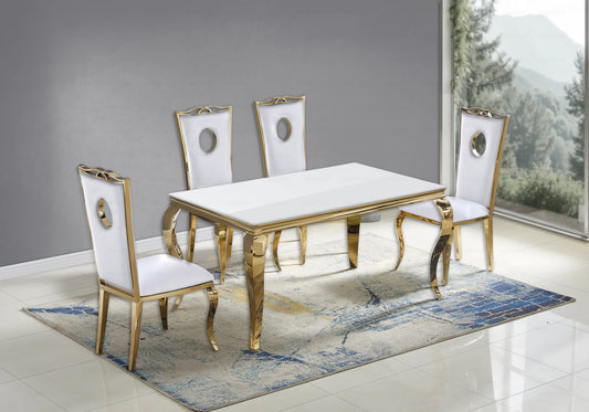Table verre blanc et chaises simili-cuir blanc doré – NEO