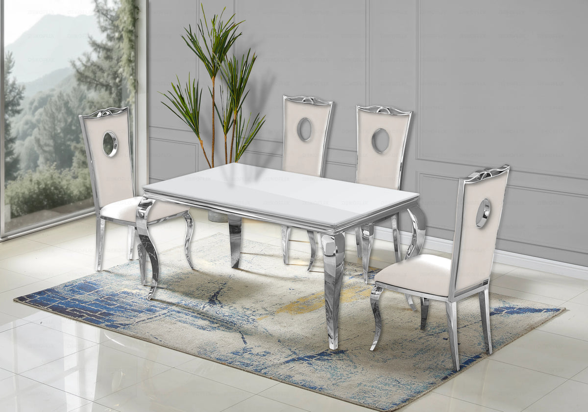 Ensemble table verre blanc et 4 chaises argent – Neo