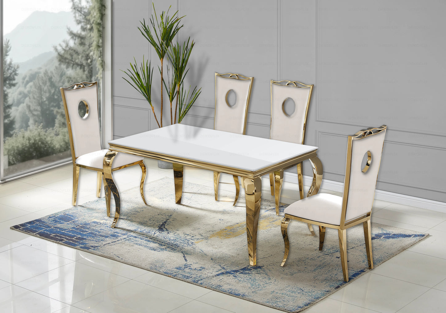 Table verre blanc et chaises velours beige doré – NEO