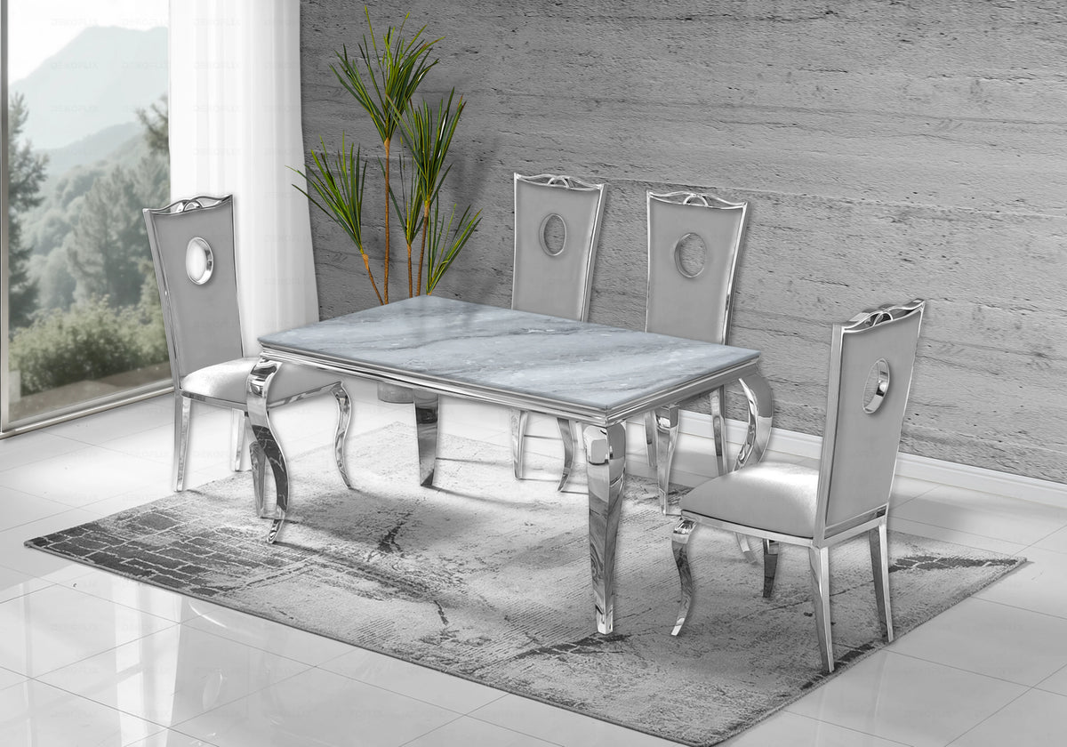 Ensemble table verre blanc et 4 chaises argent – Neo
