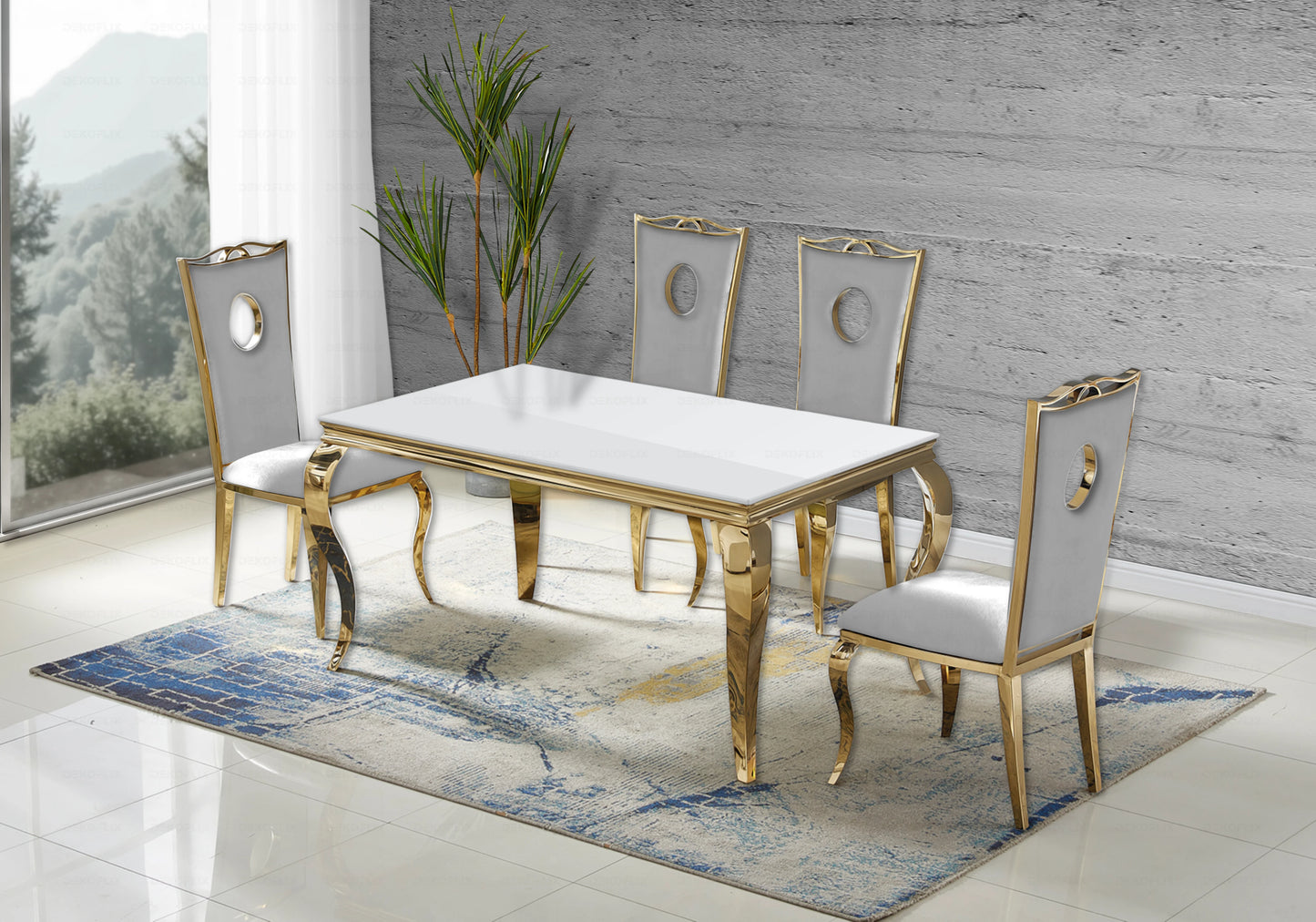 Table verre blanc et chaises velours gris doré – NEO