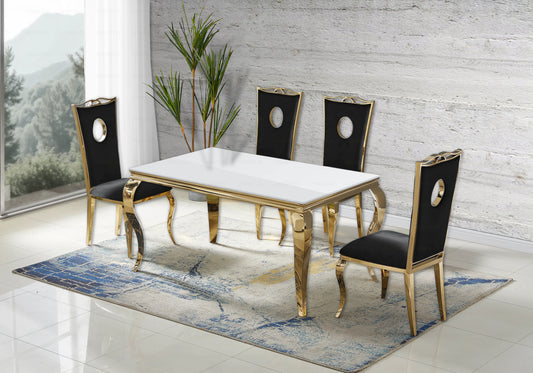 Salle à manger verre blanc chaises velours noir doré - NEO