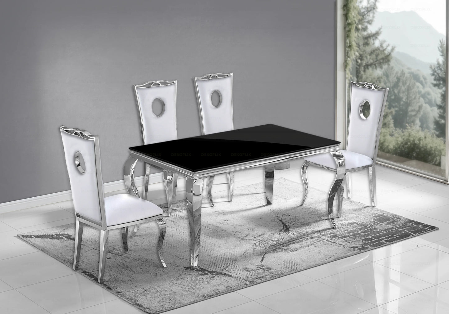 Salle à manger verre noir chaises simili-cuir blanc argent – NEO
