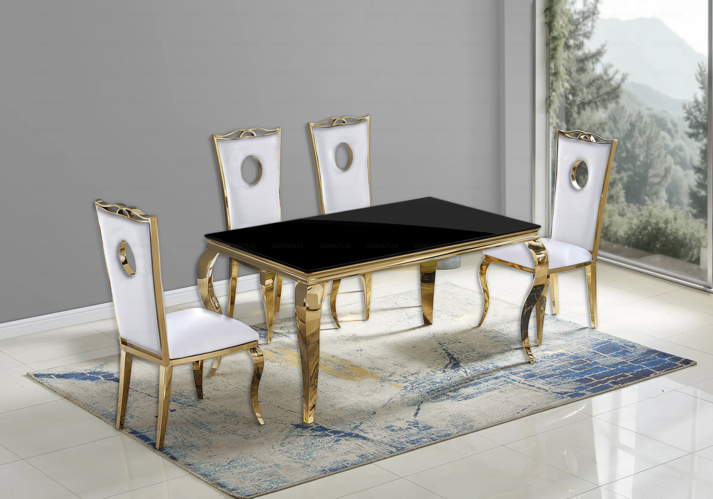 Table verre noir et chaises simili-cuir blanc doré – NEO