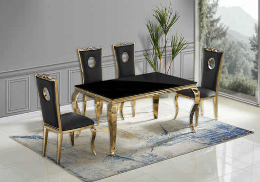 Salle à manger verre noir chaises simili-cuir noir doré - NEO