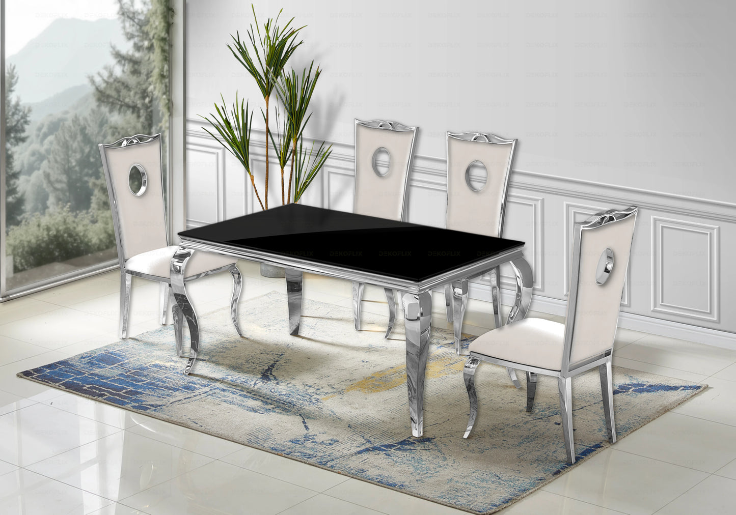 Table verre noir et chaises velours beige argent – NEO