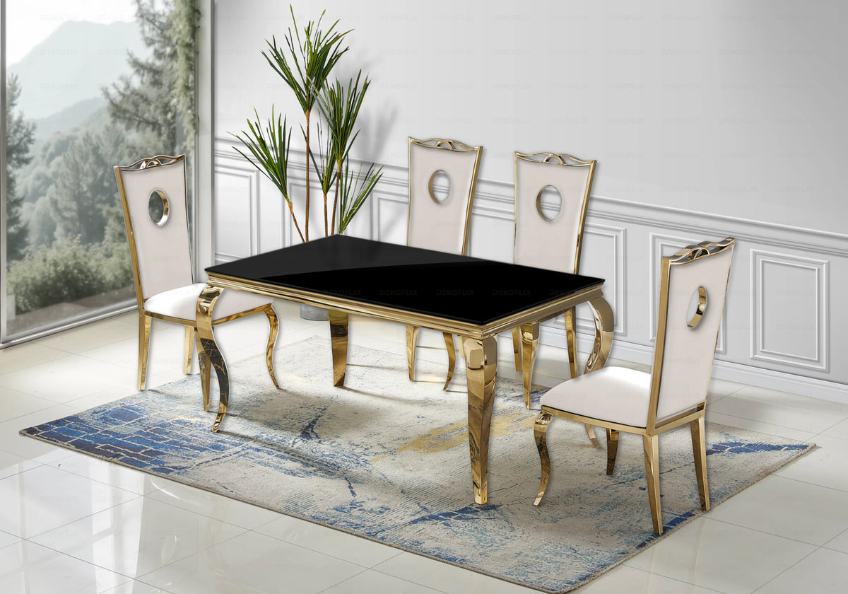 Ensemble table verre noir et 4 chaises or – Neo