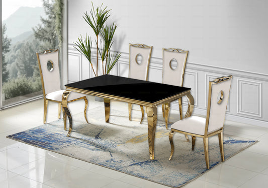 Salle à manger verre noir chaises velours beige doré - NEO