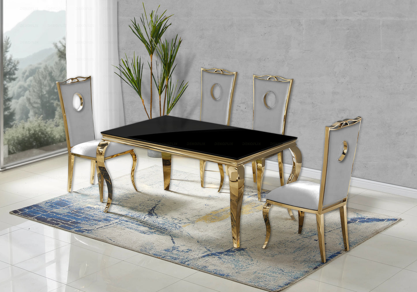 Table verre noir et chaises velours gris doré – NEO