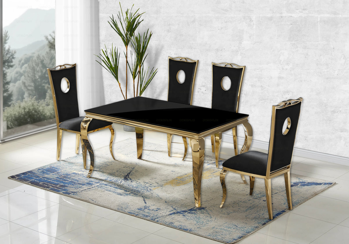 Ensemble table verre noir et 4 chaises or – Neo