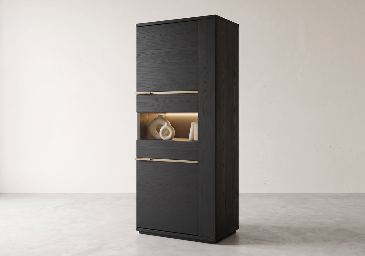 Vitrine colonne 1 porte LED bois noir | Pegaso