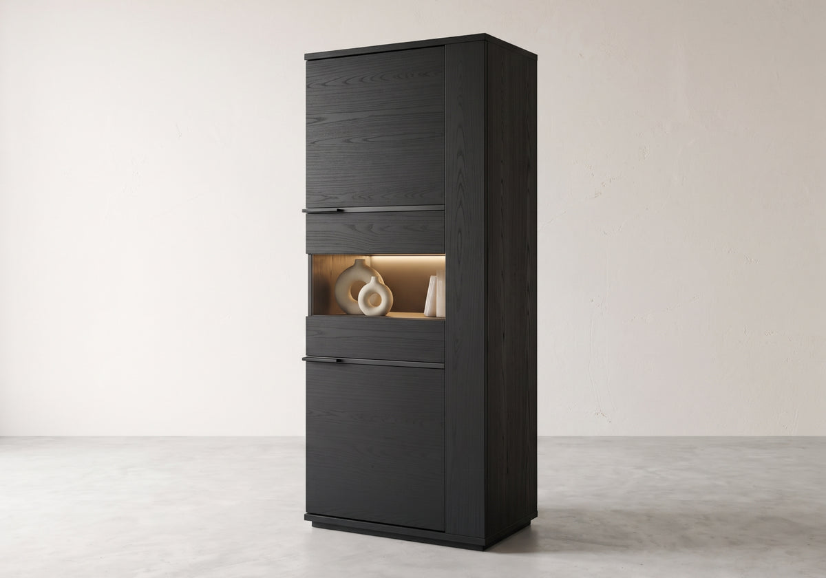 Vitrine colonne 1 porte LED bois noir | Pegaso