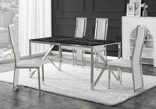 Table marbre noir et 6 chaises croco argent – Jessy