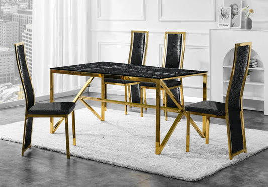 Table marbre blanc et 6 chaises croco doré – Jessy
