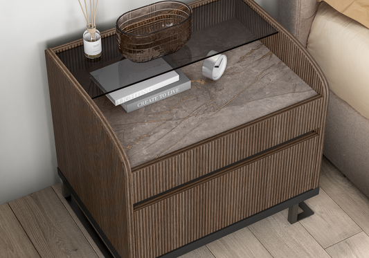 Table de nuit bois rainuré & marbre – Hexagon