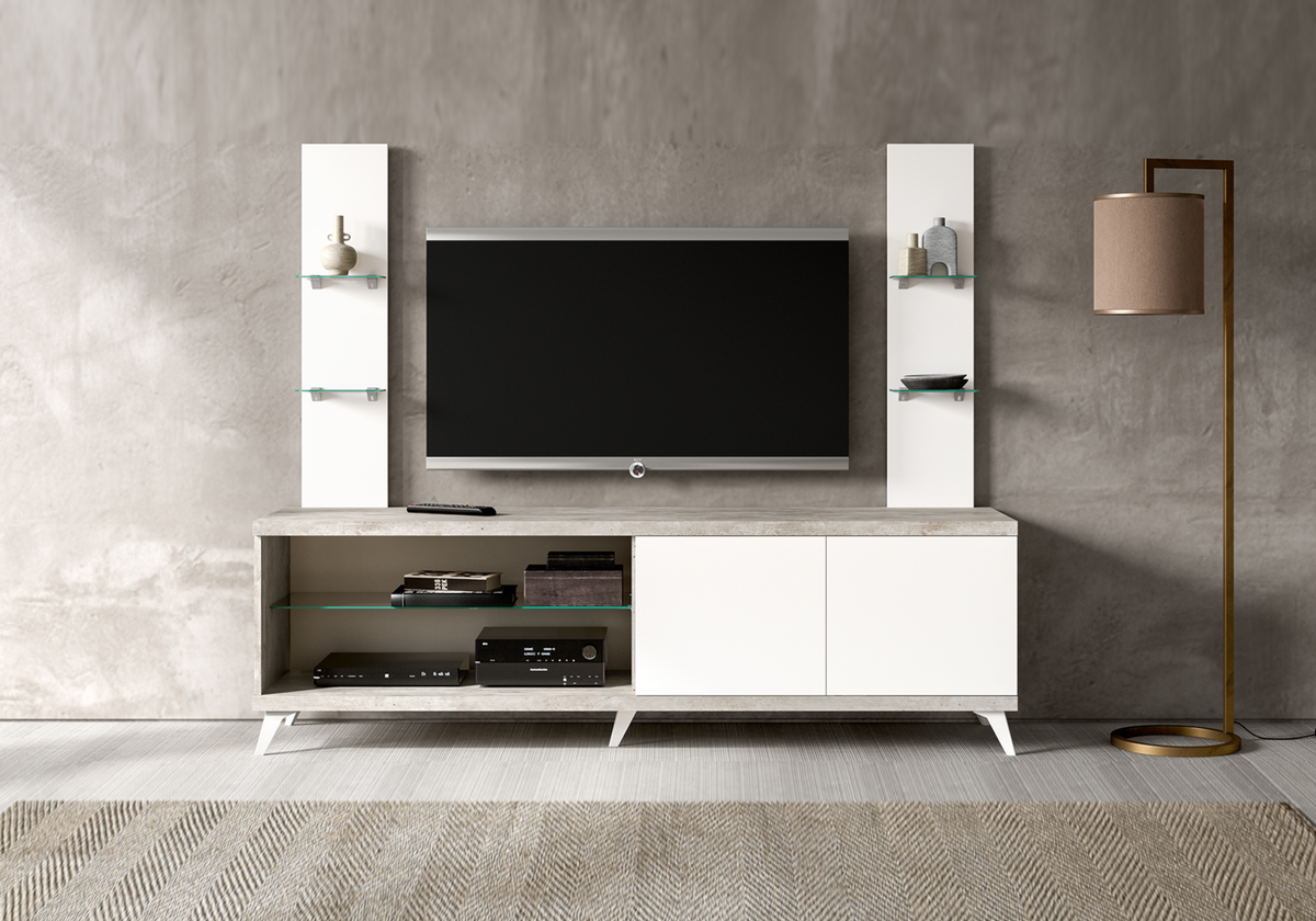 Meuble TV 200 cm blanc laqué béton avec niche – Treviso