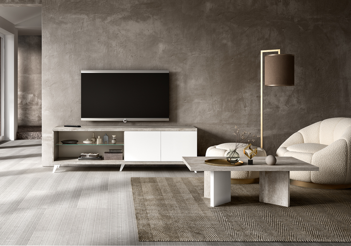 Meuble TV 200 cm et table basse blanc béton – Treviso