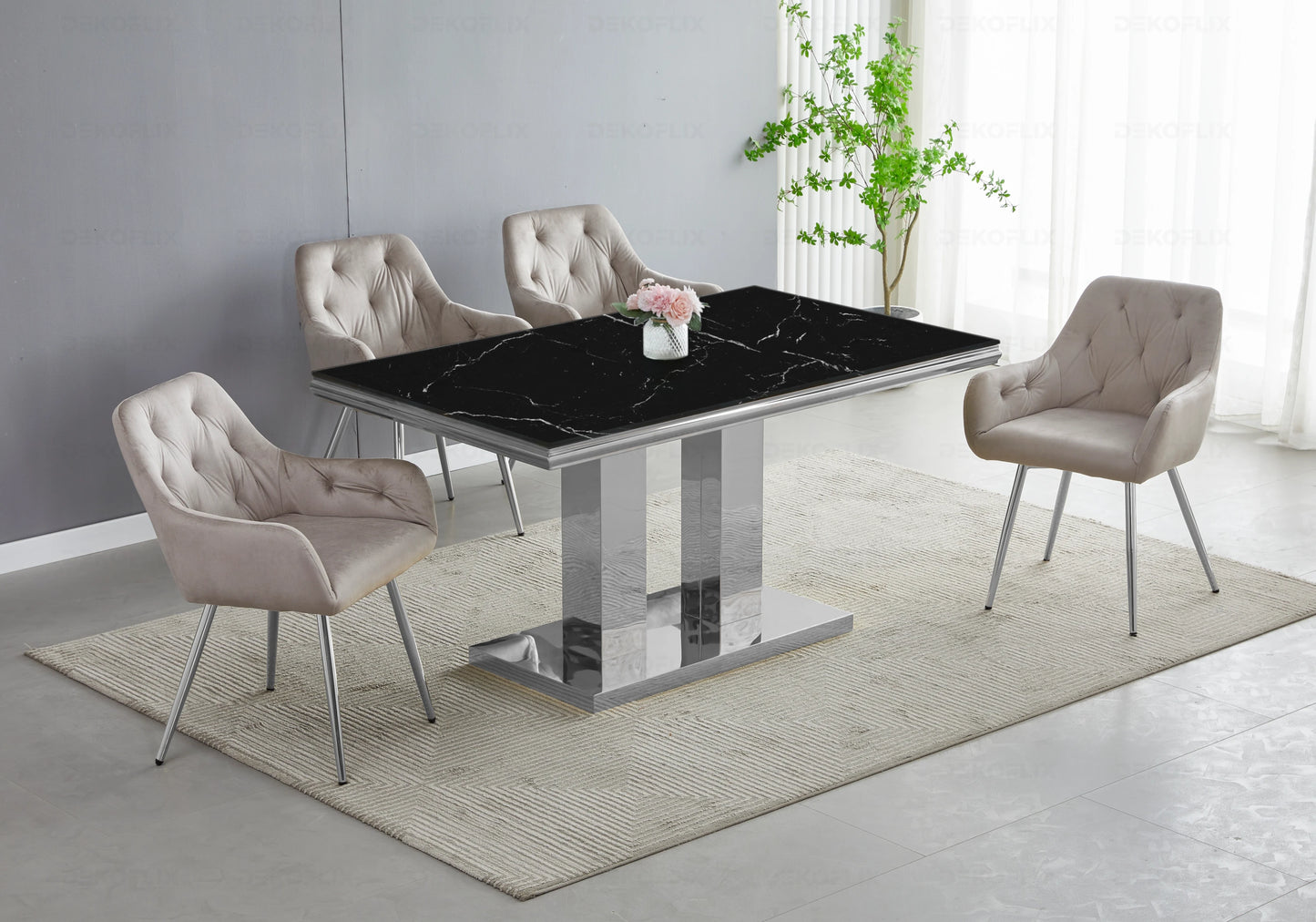 Table à manger marbre noir argent design VERSUS - DEKOFLIX