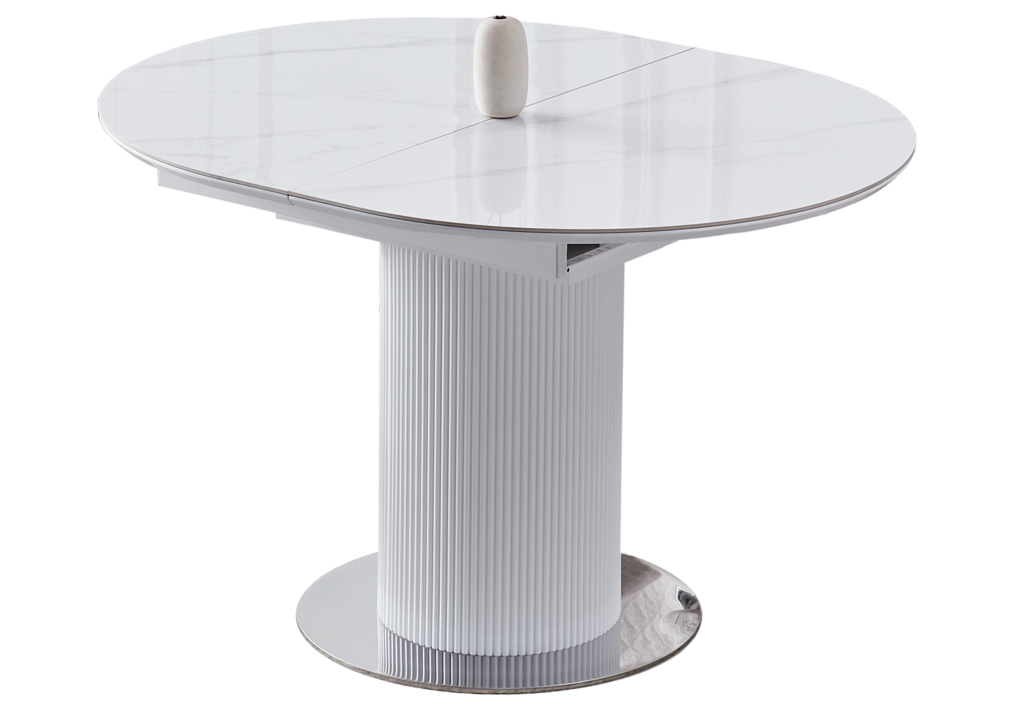 Ensemble table marbre blanc et chaises taupe chromé – LEON