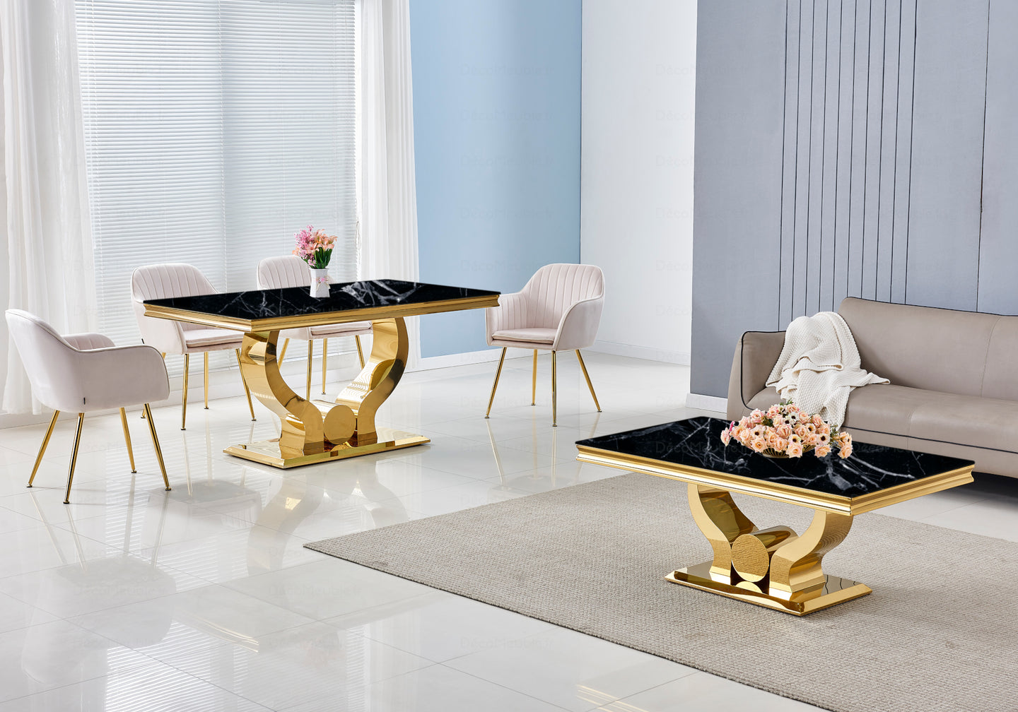 Table et chaises marbre noir doré NEA