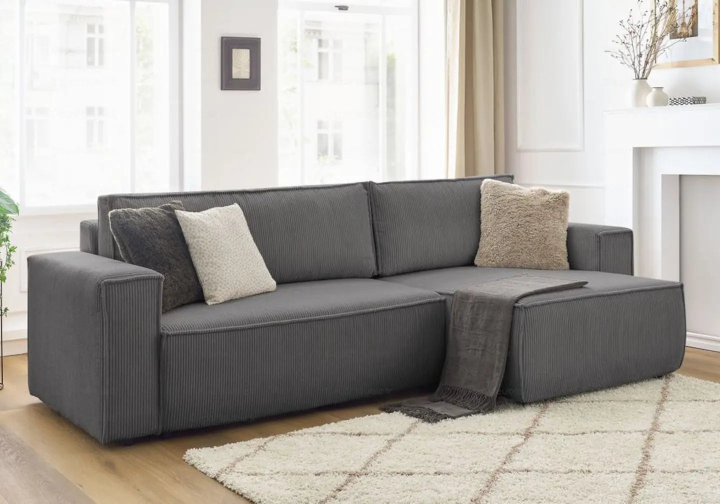 Canapé d’angle en velours côtelé gris – idée déco salon moderne – DEKOFLIX