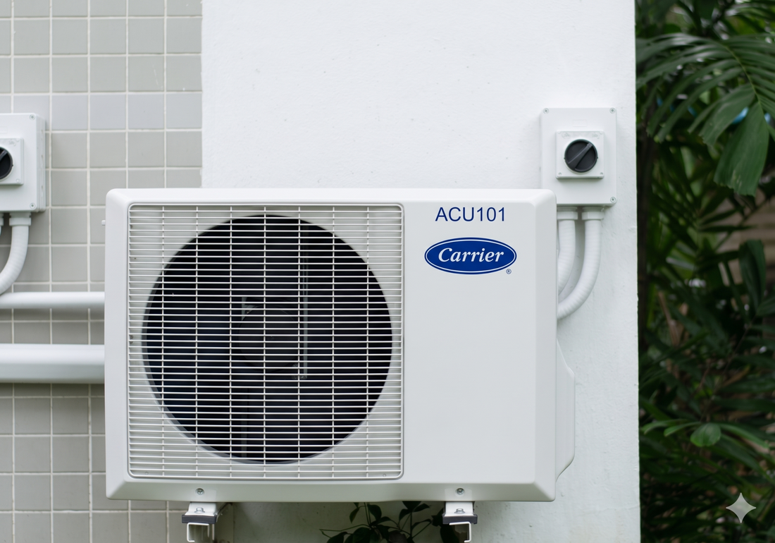 Unité de climatisation extérieure blanche de marque Carrier installée sur un mur moderne, illustrant une intégration propre et esthétique pour un intérieur design.