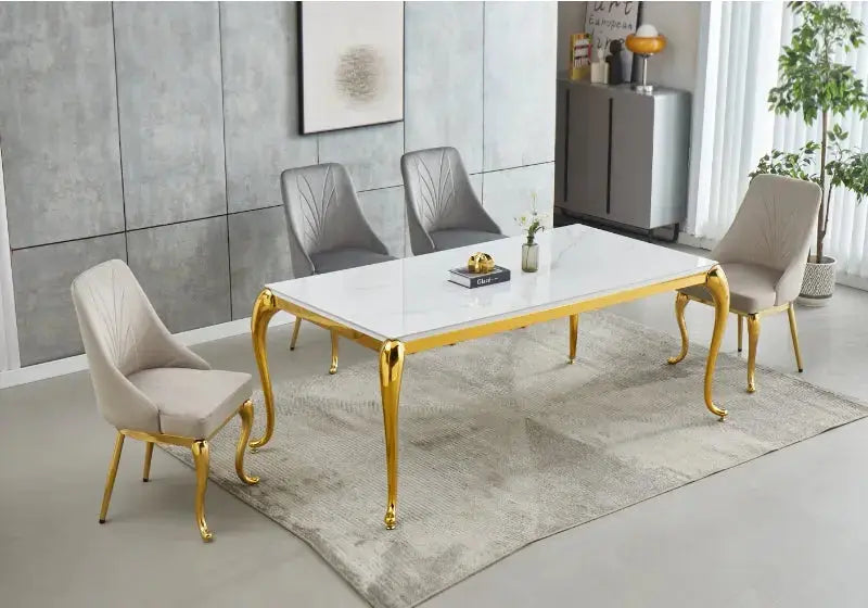 Table marbre beige et chaises simili-cuir noir doré – NEO