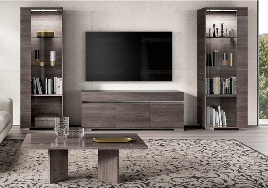 Salle à manger ronde verre blanc pieds argentés chaises taupe – NEO