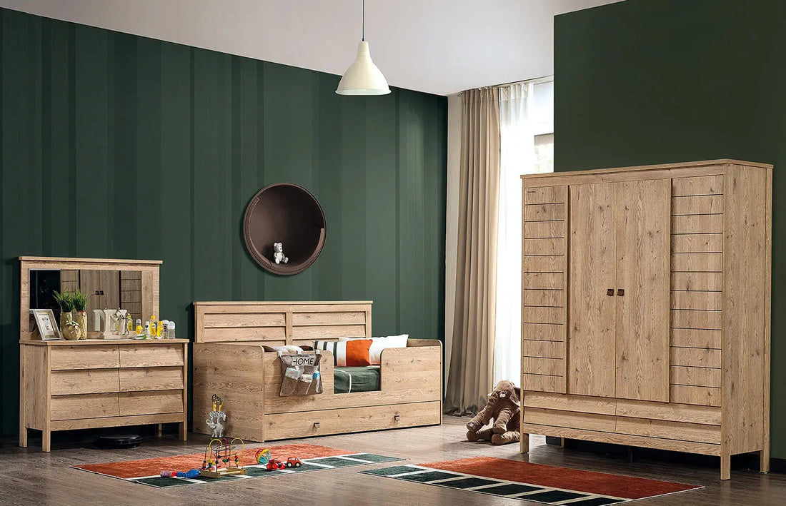 Découvrez l'Ensemble de meubles de chambre enfant Montessori taupe PETRA