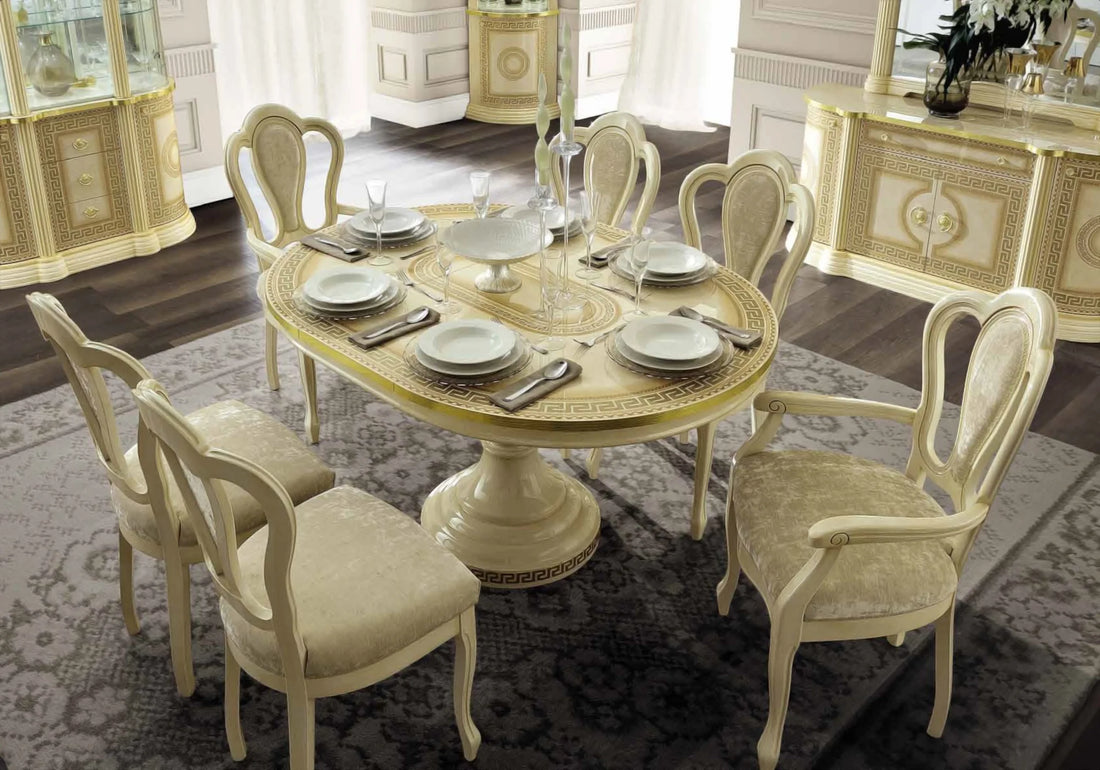 Salle à manger ronde marbre blanc pieds argentés chaises taupe – NEO