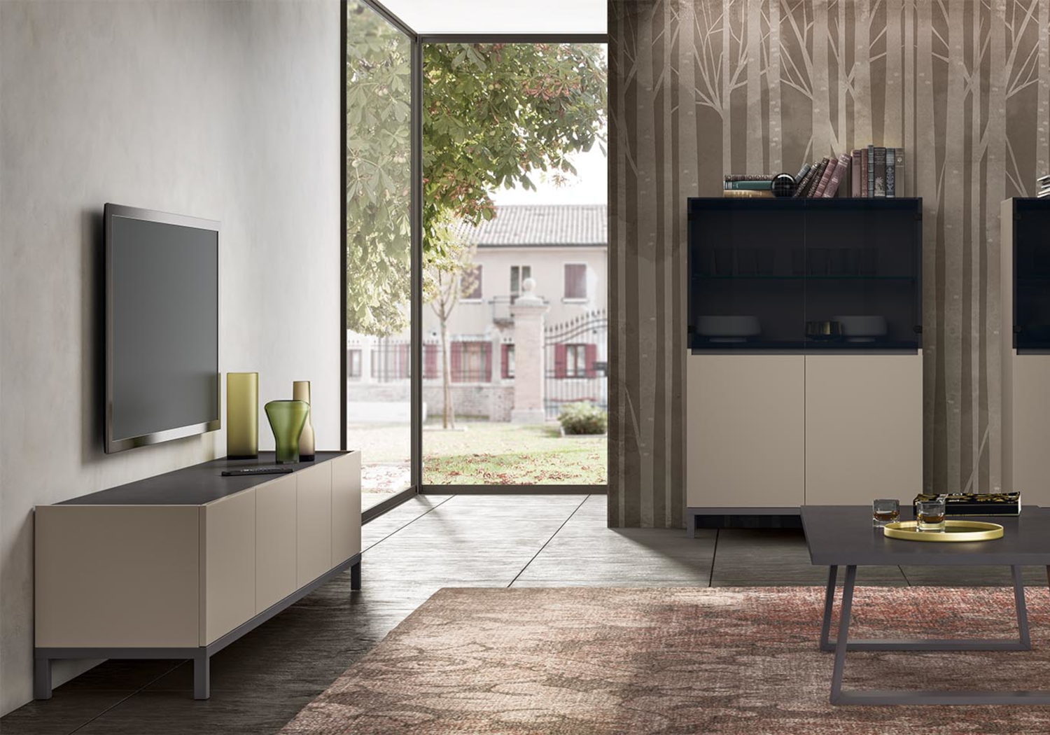 Kali - Mobilier de Salon Structuré - Design Italien Contemporain - Meubles Bas, Façades Nervurées, Plateaux Minéraux et Finitions Soignées - intérieur Elégant