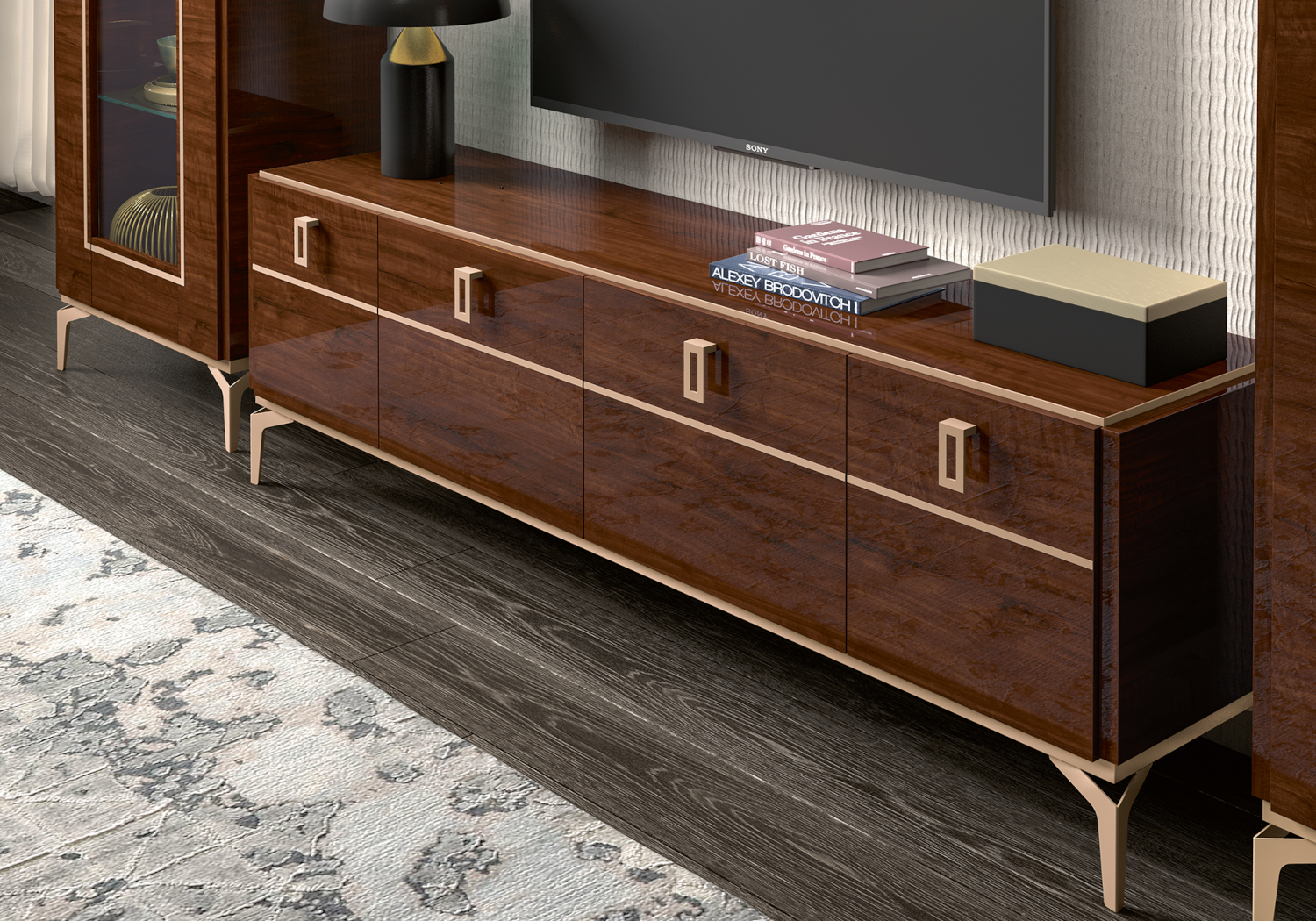 Grand meuble TV blanc laqué brillant au design contemporain italien de la collection DEKOFLIX.
