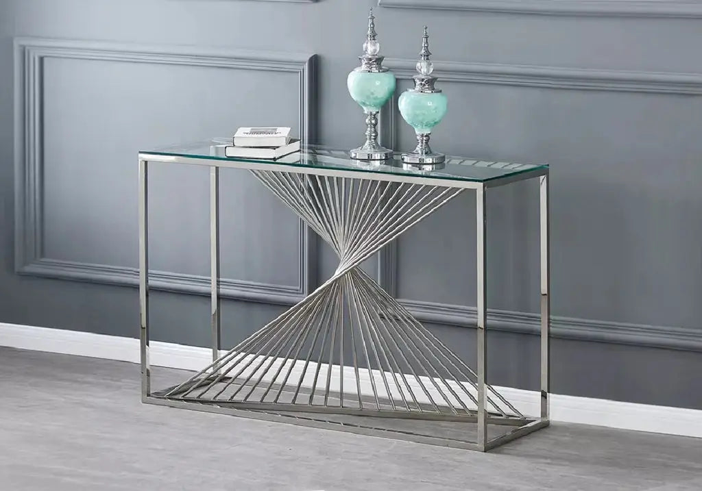 Console d'entrée haut de gamme en verre trempé transparent et structure métallique moderne de la collection DEKOFLIX.