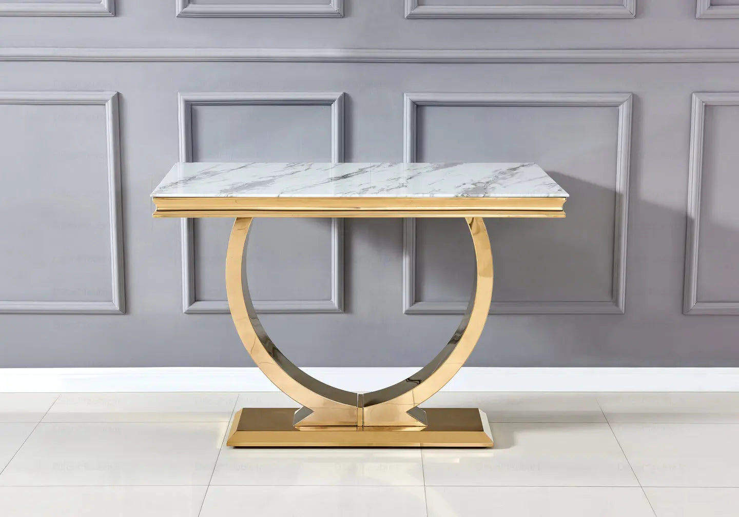 Console d'entrée de luxe avec plateau en marbre poli et structure en acier design doré de la collection DEKOFLIX.