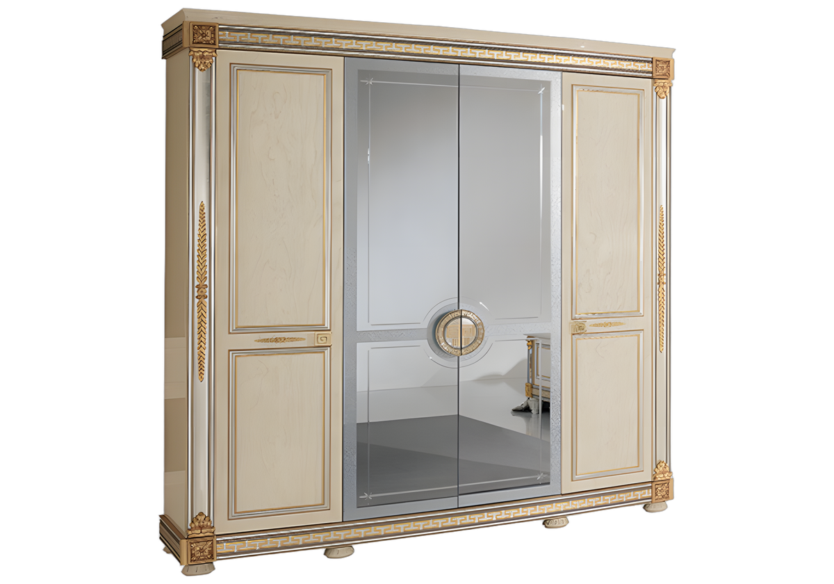 Armoire 4 portes blanc laqué et doré avec miroirs - Liberty